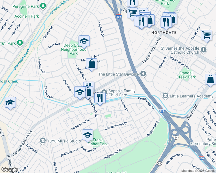 map of restaurants, bars, coffee shops, grocery stores, and more near 4744 Touchstone Terrace in Fremont