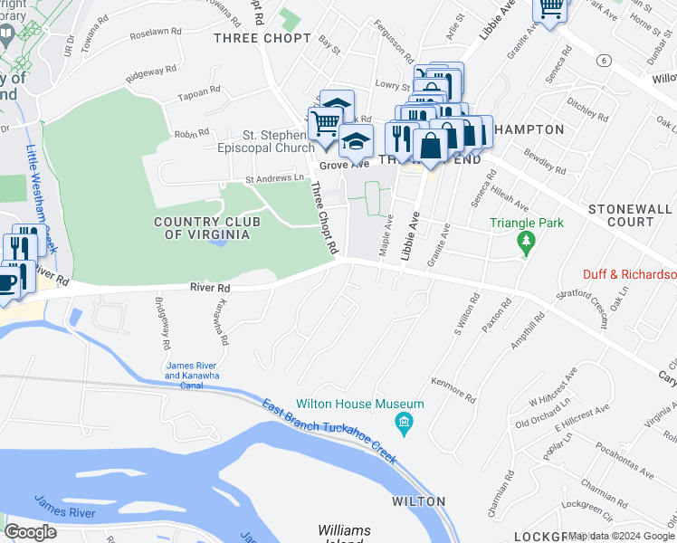 map of restaurants, bars, coffee shops, grocery stores, and more near 5621 Cary Street Road in Richmond