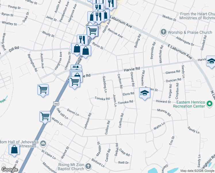 map of restaurants, bars, coffee shops, grocery stores, and more near 3317 Gaulding Lane in Richmond