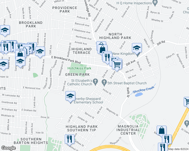 map of restaurants, bars, coffee shops, grocery stores, and more near 2822 Woodcliff Avenue in Richmond
