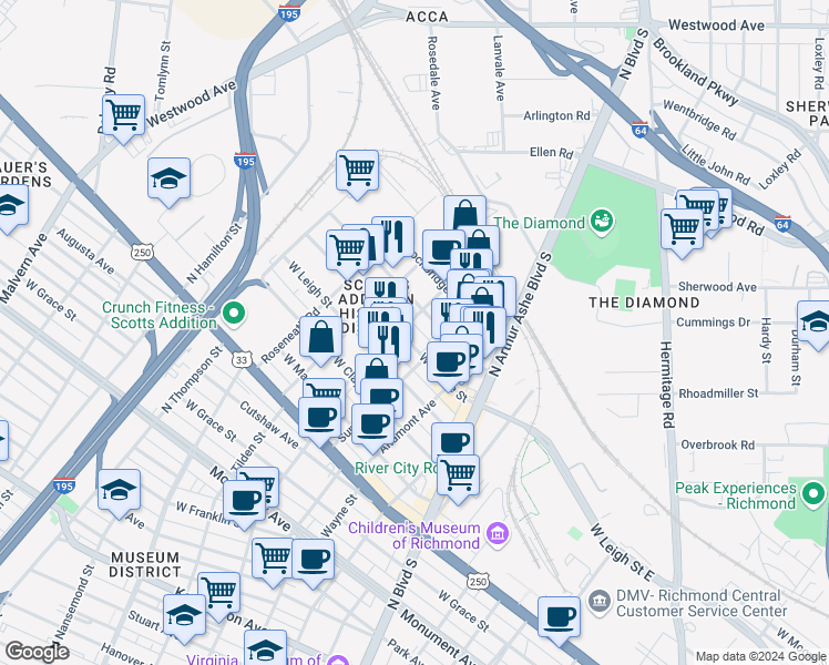 map of restaurants, bars, coffee shops, grocery stores, and more near 3116 West Moore Street in Richmond