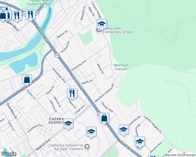 map of restaurants, bars, coffee shops, grocery stores, and more near 38890 Almaden Place in Fremont