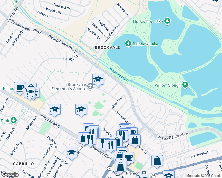 map of restaurants, bars, coffee shops, grocery stores, and more near 3148 Puttenham Way in Fremont