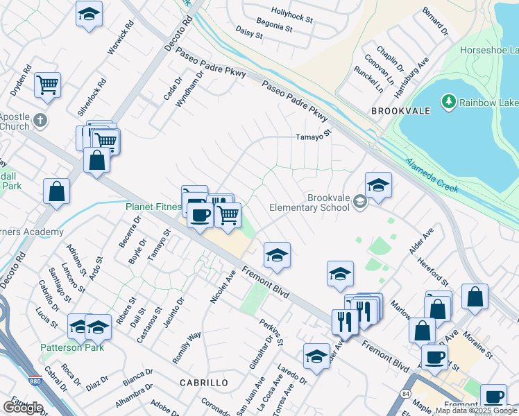 map of restaurants, bars, coffee shops, grocery stores, and more near 35780 Ashton Place in Fremont