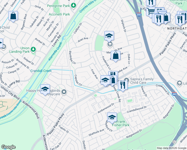 map of restaurants, bars, coffee shops, grocery stores, and more near 4932 Friar Avenue in Fremont
