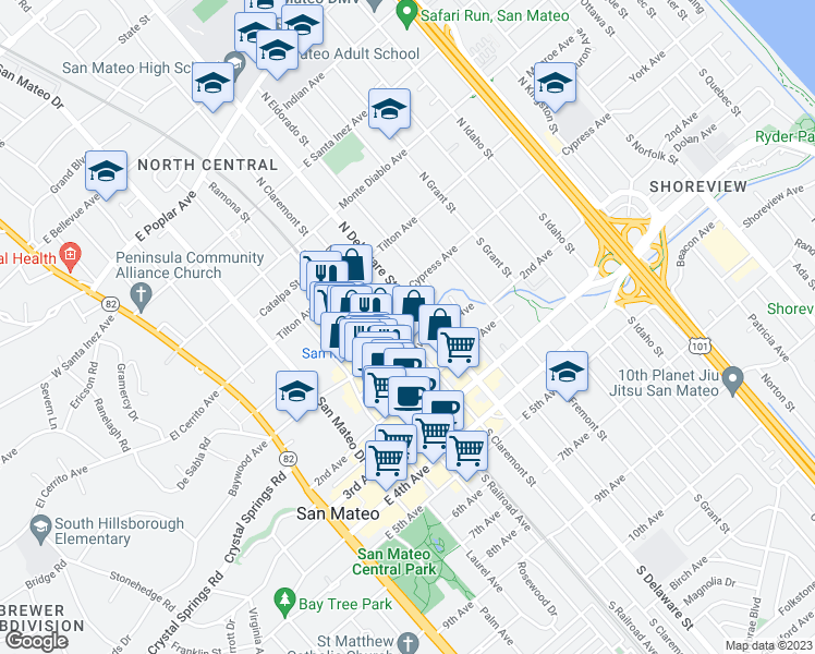 map of restaurants, bars, coffee shops, grocery stores, and more near 2 South Claremont Street in San Mateo