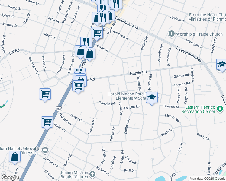 map of restaurants, bars, coffee shops, grocery stores, and more near 3317 Gaulding Lane in Richmond
