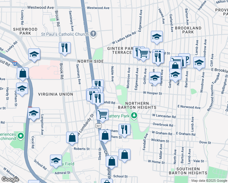 map of restaurants, bars, coffee shops, grocery stores, and more near 2804 Dupont Circle in Richmond