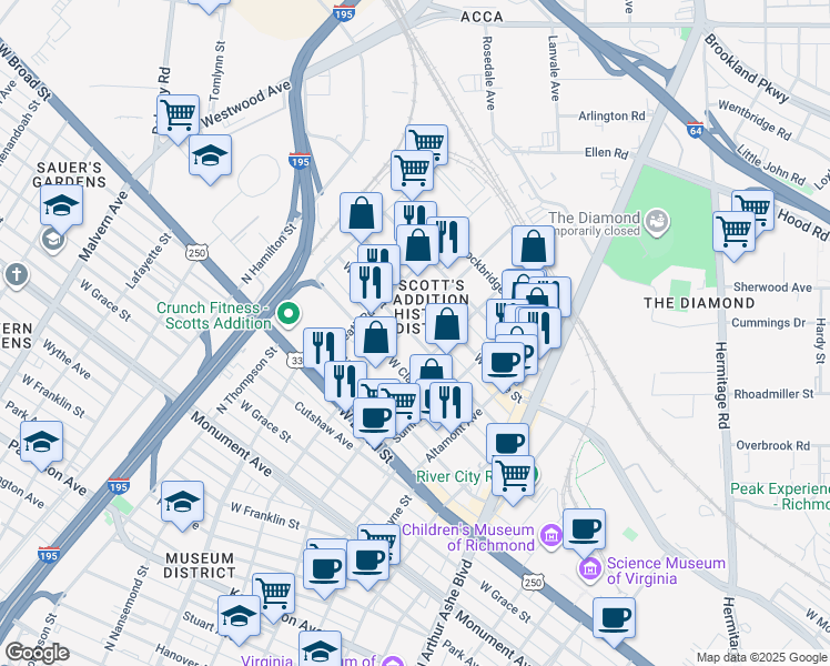 map of restaurants, bars, coffee shops, grocery stores, and more near in Richmond