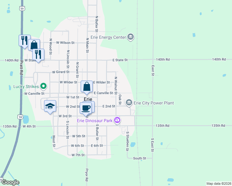 map of restaurants, bars, coffee shops, grocery stores, and more near 201 North Walnut Street in Erie