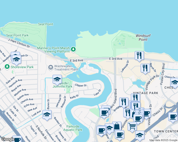 map of restaurants, bars, coffee shops, grocery stores, and more near 616 Port Drive in San Mateo