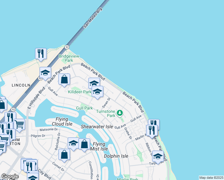 map of restaurants, bars, coffee shops, grocery stores, and more near 261 Pelican Court in Foster City
