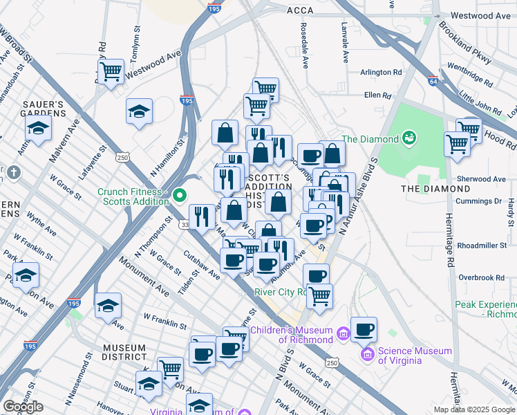 map of restaurants, bars, coffee shops, grocery stores, and more near 3210 West Leigh Street in Richmond