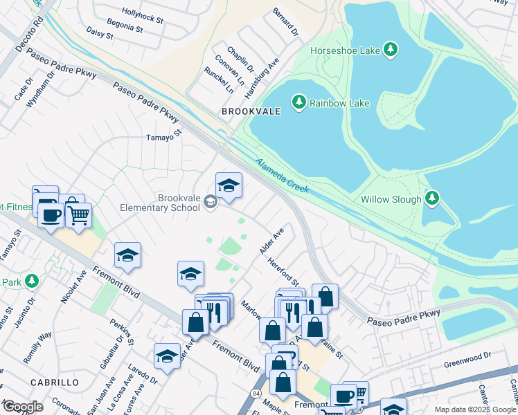 map of restaurants, bars, coffee shops, grocery stores, and more near 3148 Puttenham Way in Fremont