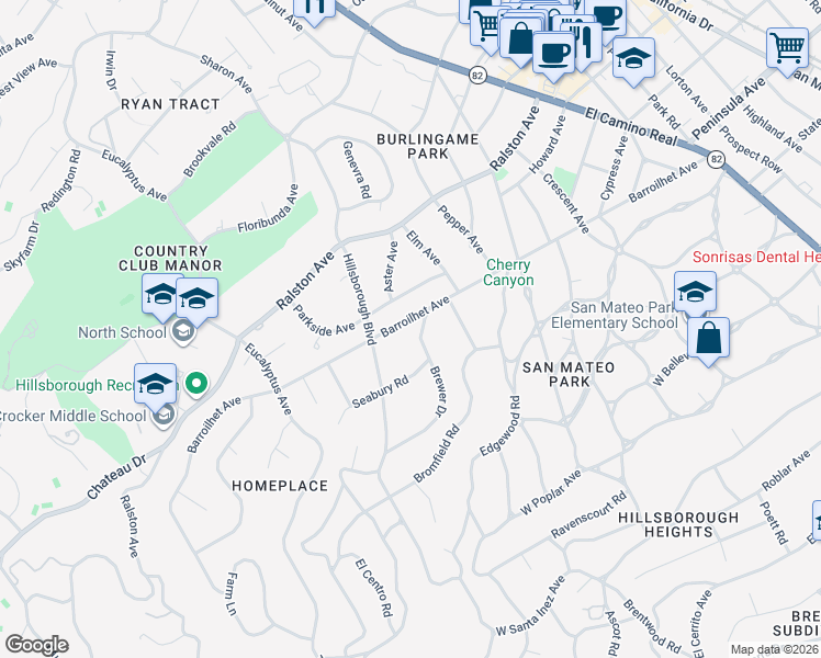 map of restaurants, bars, coffee shops, grocery stores, and more near 735 Brewer Drive in Hillsborough