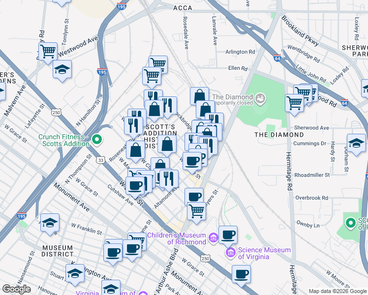 map of restaurants, bars, coffee shops, grocery stores, and more near 3116 West Moore Street in Richmond