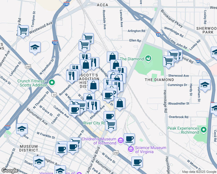 map of restaurants, bars, coffee shops, grocery stores, and more near 1700 Summit Avenue in Richmond