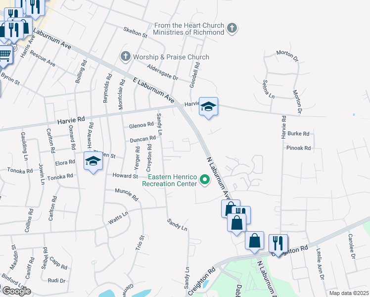 map of restaurants, bars, coffee shops, grocery stores, and more near 3246 Hunters Mill Drive in Richmond