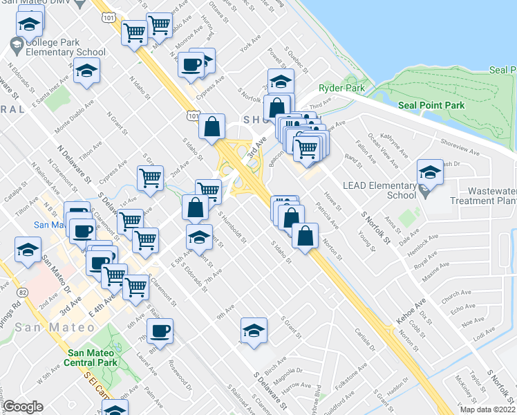 map of restaurants, bars, coffee shops, grocery stores, and more near 518 South Amphlett Boulevard in San Mateo