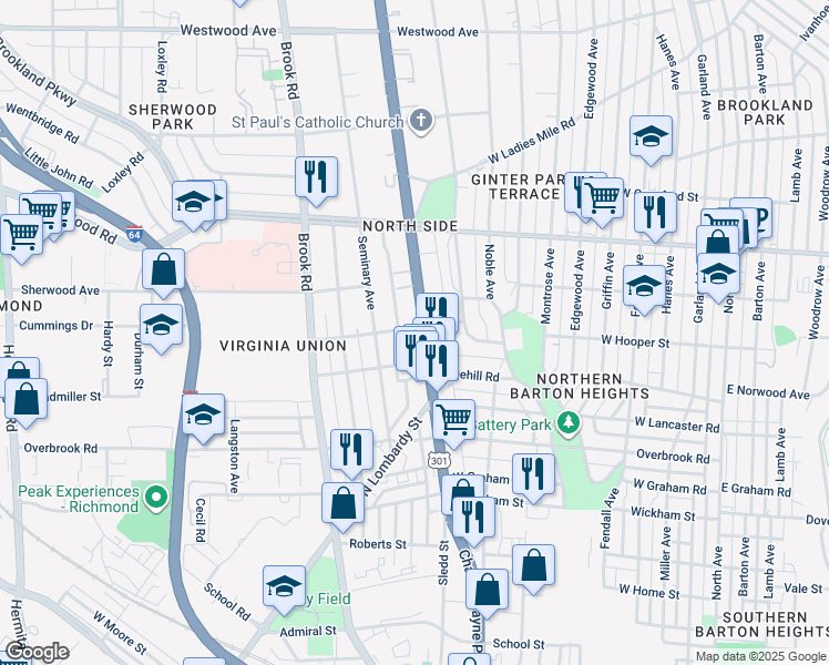 map of restaurants, bars, coffee shops, grocery stores, and more near 2712 Chamberlayne Avenue in Richmond