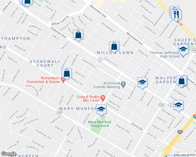 map of restaurants, bars, coffee shops, grocery stores, and more near 4629 Kensington Avenue in Richmond