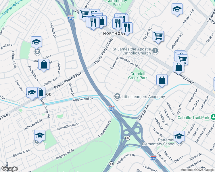 map of restaurants, bars, coffee shops, grocery stores, and more near 34598 Salinas Place in Fremont
