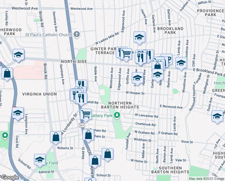 map of restaurants, bars, coffee shops, grocery stores, and more near 2802 Edgewood Avenue in Richmond