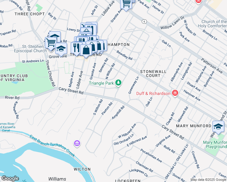 map of restaurants, bars, coffee shops, grocery stores, and more near 5303 Tuckahoe Avenue in Richmond