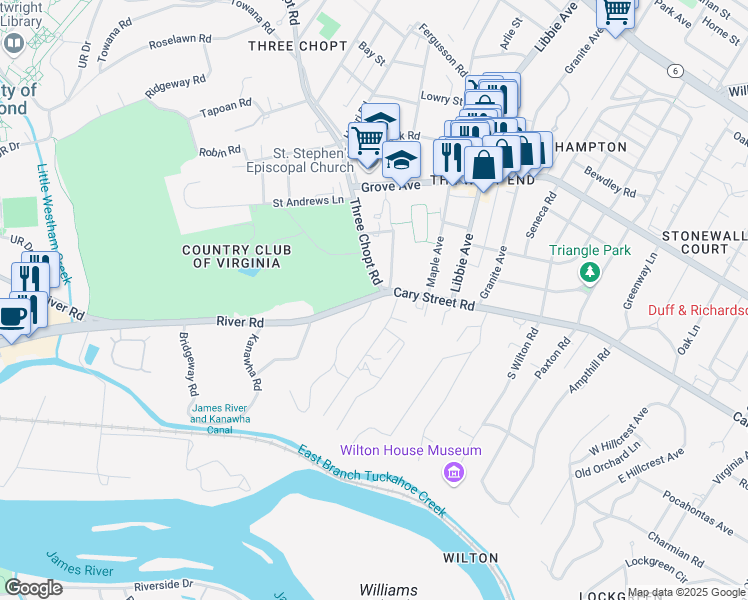 map of restaurants, bars, coffee shops, grocery stores, and more near 3924 Three Chopt Road in Richmond