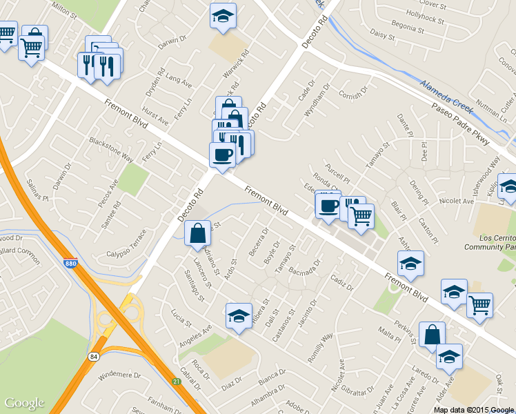 map of restaurants, bars, coffee shops, grocery stores, and more near 35253 Ratto Place in Fremont