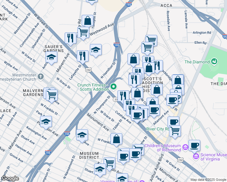 map of restaurants, bars, coffee shops, grocery stores, and more near 3600 West Broad Street in Richmond