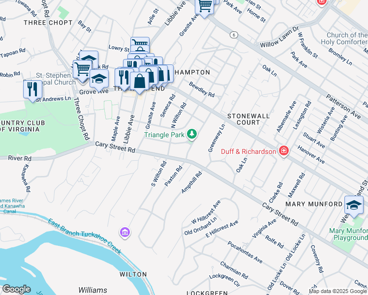 map of restaurants, bars, coffee shops, grocery stores, and more near 5303 Tuckahoe Avenue in Richmond