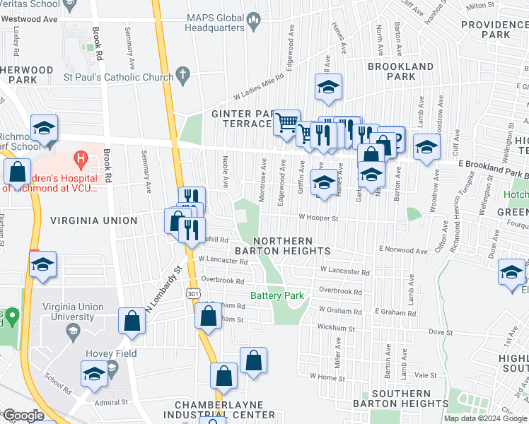 map of restaurants, bars, coffee shops, grocery stores, and more near 2801 Montrose Avenue in Richmond