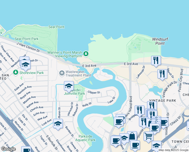 map of restaurants, bars, coffee shops, grocery stores, and more near 567 Starboard Drive in San Mateo