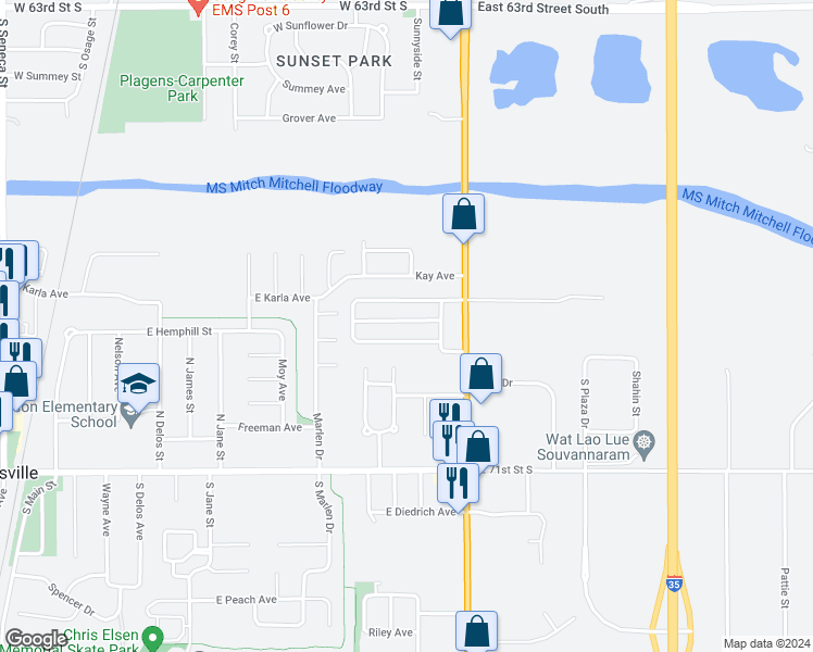 map of restaurants, bars, coffee shops, grocery stores, and more near 6895 South Broadway in Haysville