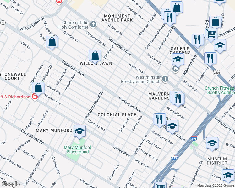 map of restaurants, bars, coffee shops, grocery stores, and more near 4418 Patterson Avenue in Richmond