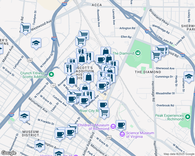 map of restaurants, bars, coffee shops, grocery stores, and more near 3116 West Moore Street in Richmond
