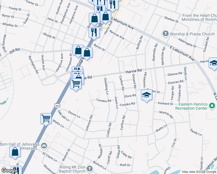 map of restaurants, bars, coffee shops, grocery stores, and more near 3317 Gaulding Lane in Richmond