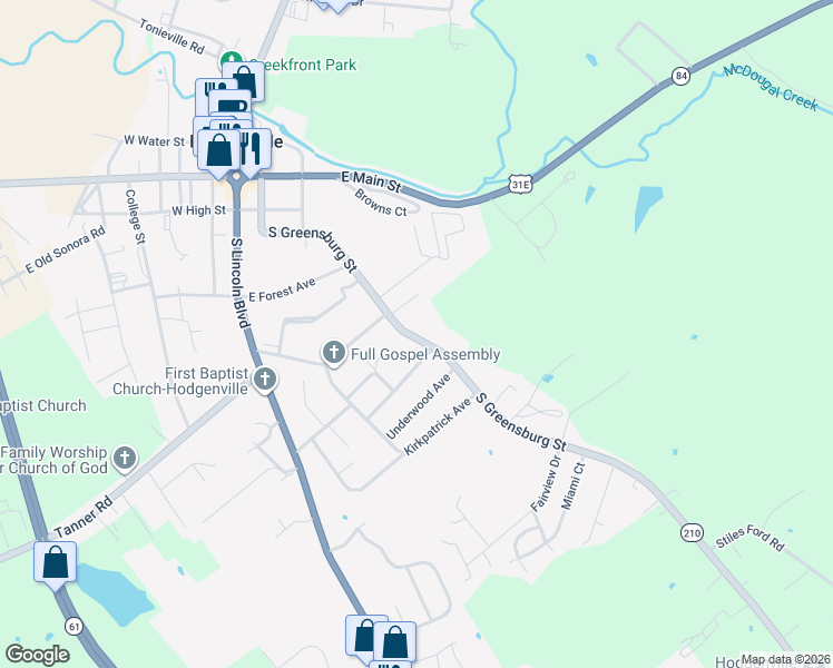 map of restaurants, bars, coffee shops, grocery stores, and more near 232 Greensburg Street in Hodgenville