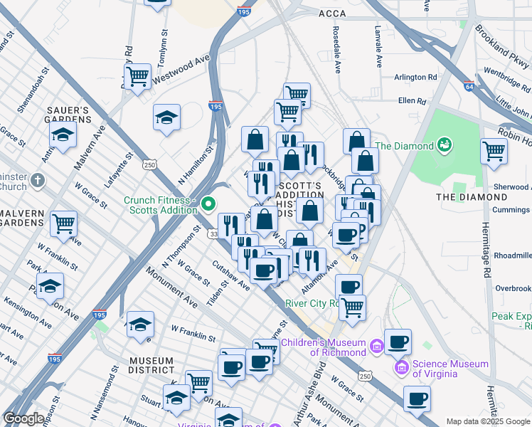 map of restaurants, bars, coffee shops, grocery stores, and more near 3305 West Leigh Street in Richmond