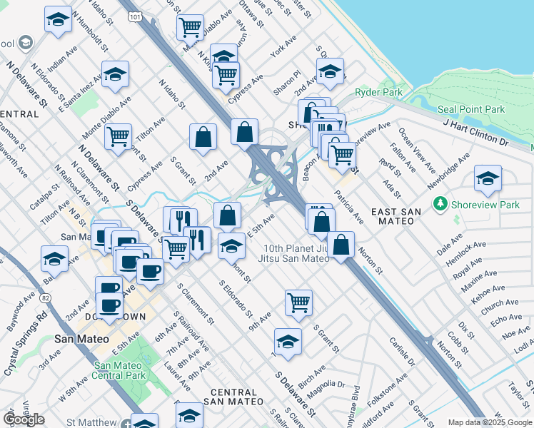 map of restaurants, bars, coffee shops, grocery stores, and more near 1021 East 5th Avenue in San Mateo