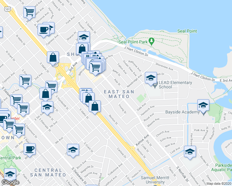 map of restaurants, bars, coffee shops, grocery stores, and more near 850 South Norfolk Street in San Mateo