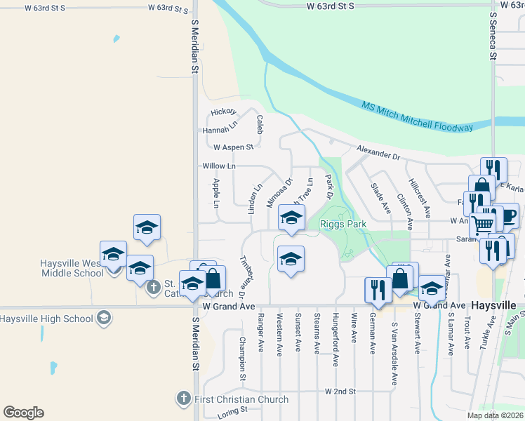 map of restaurants, bars, coffee shops, grocery stores, and more near 317 Mimosa Drive in Haysville