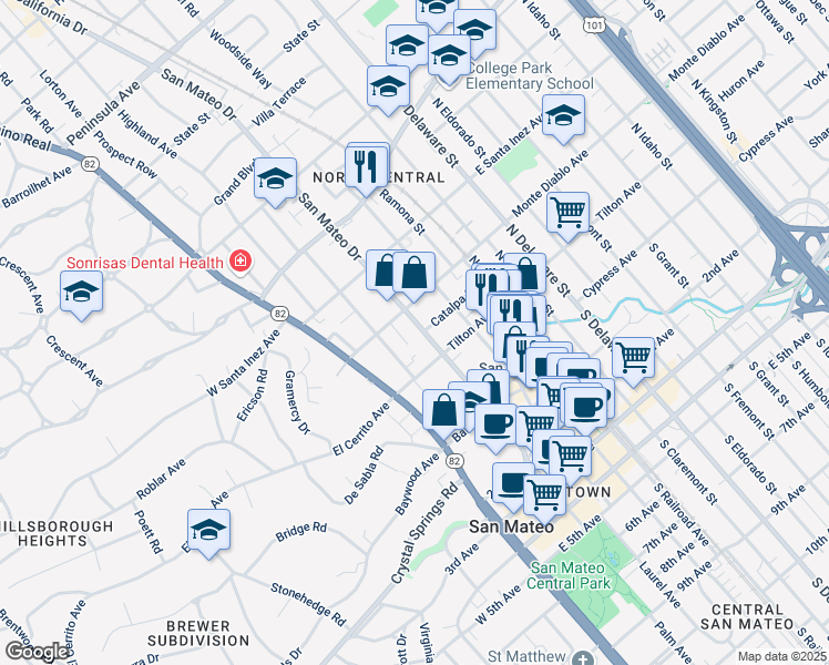 map of restaurants, bars, coffee shops, grocery stores, and more near 137 San Mateo Drive in San Mateo