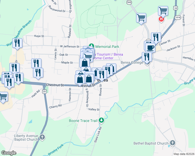 map of restaurants, bars, coffee shops, grocery stores, and more near 103 Fee Street in Berea