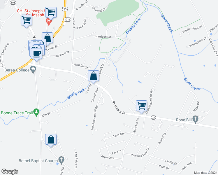 map of restaurants, bars, coffee shops, grocery stores, and more near 100 Miracle Street in Berea