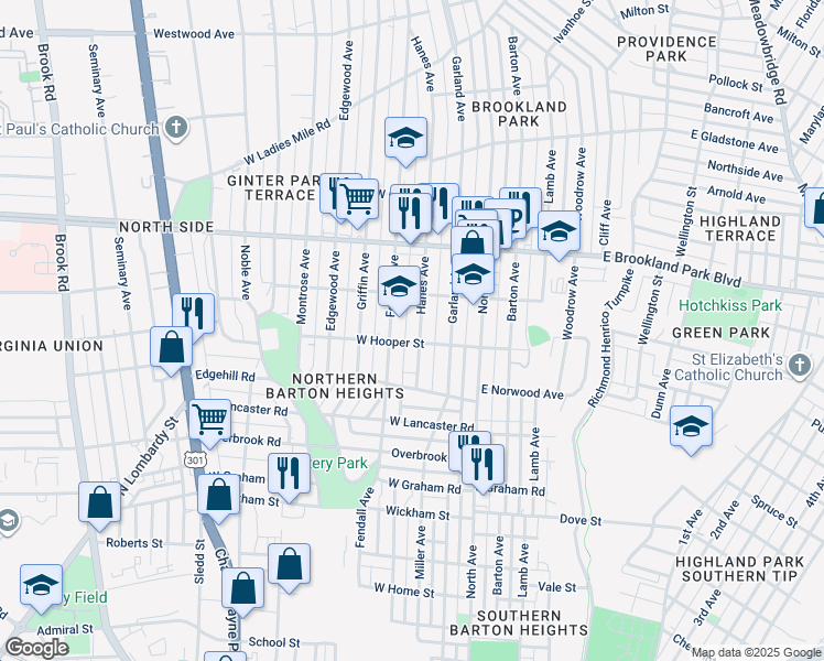 map of restaurants, bars, coffee shops, grocery stores, and more near 2806 Hanes Avenue in Richmond