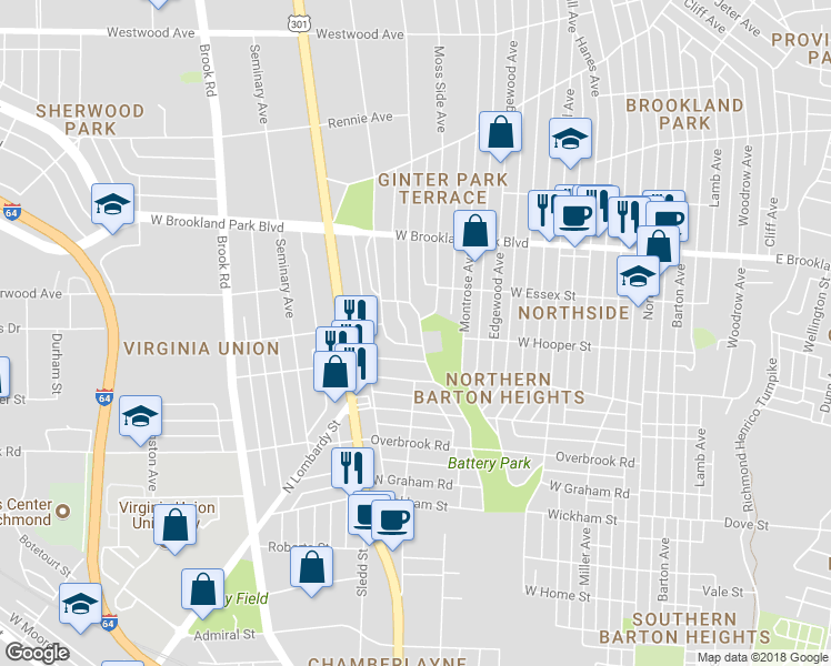 map of restaurants, bars, coffee shops, grocery stores, and more near 2804 Dupont Circle in Richmond