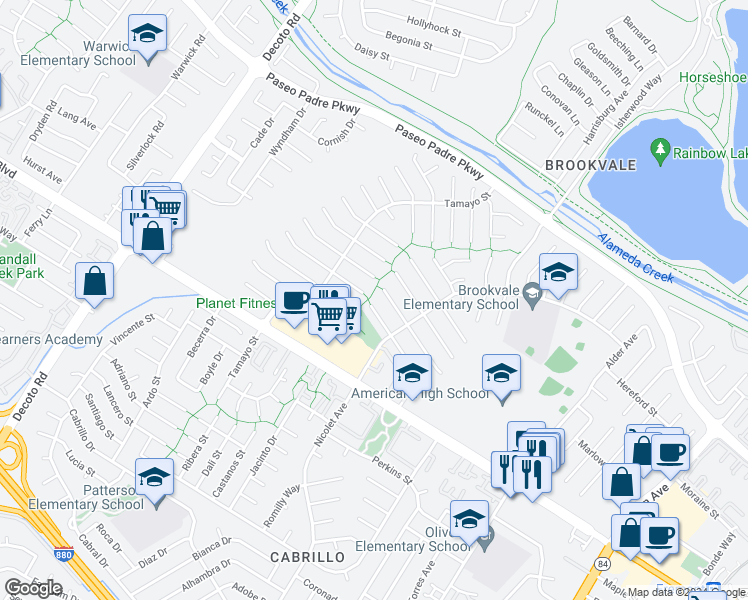 map of restaurants, bars, coffee shops, grocery stores, and more near 35780 Ashton Place in Fremont