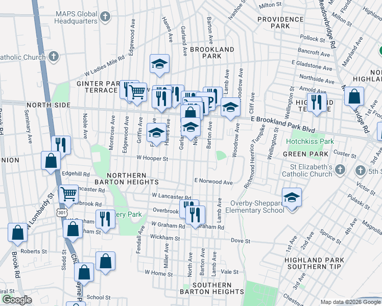map of restaurants, bars, coffee shops, grocery stores, and more near 2808 North Avenue in Richmond